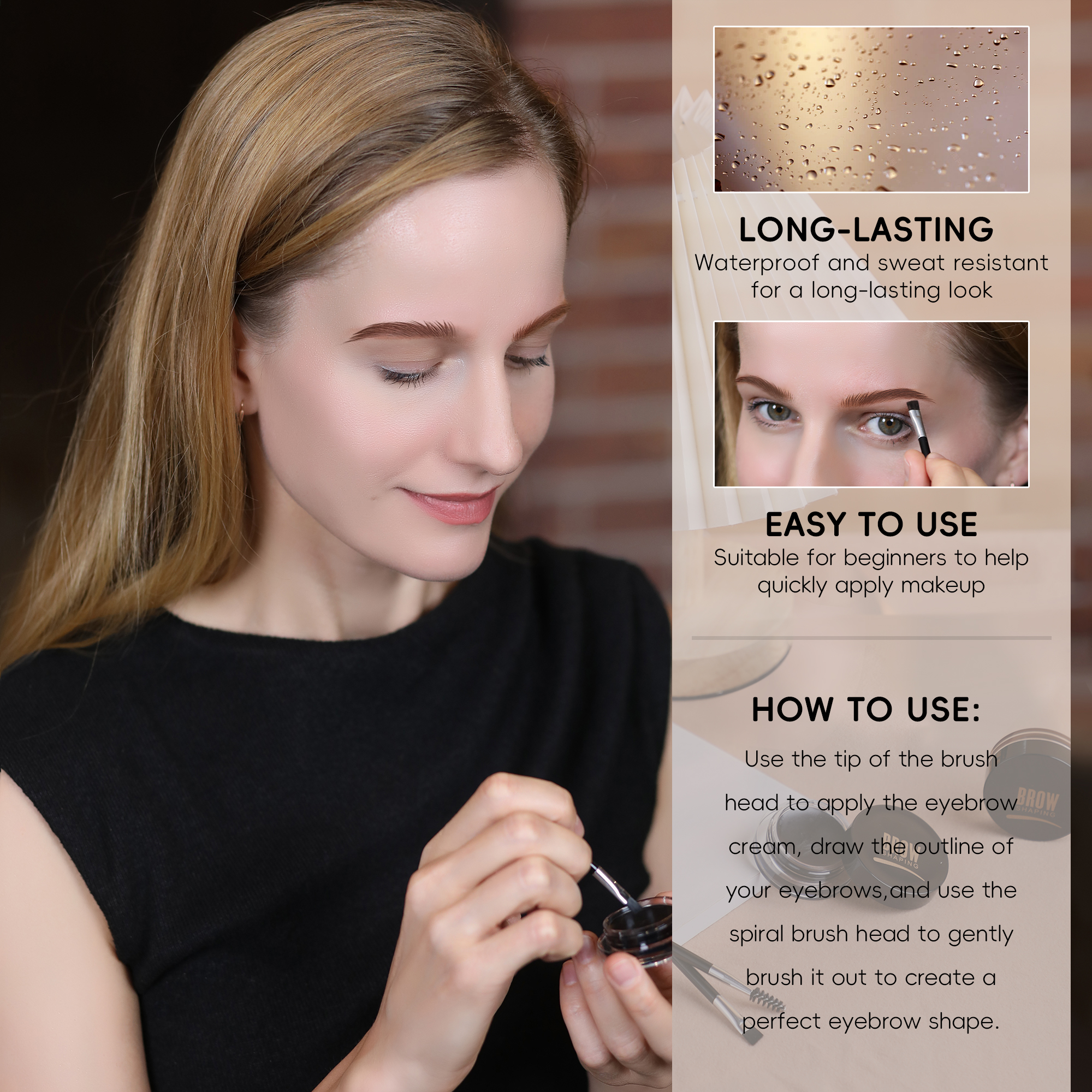 Eyebrow Cream with Brush, Long Lasting Waterproof Eyebrow Pencil Gel, Natural Brow Makeup